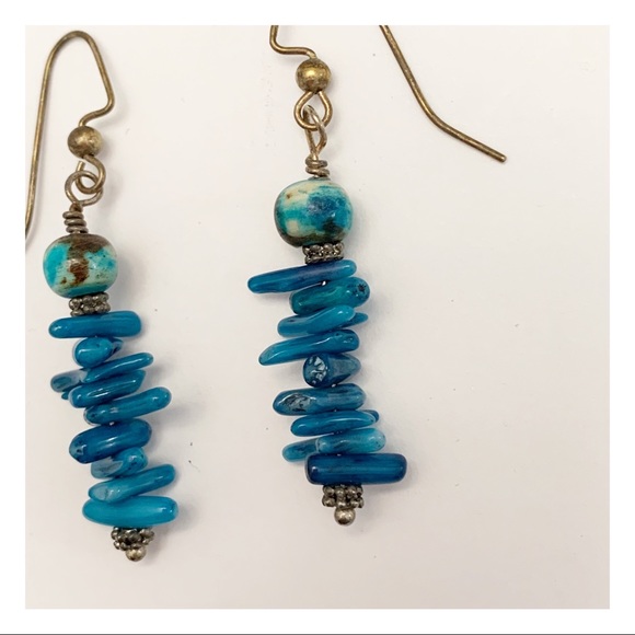 Vintage Turquoise stacked blue glass bead dangle drop earrings sterling coral - Picture 3 of 4